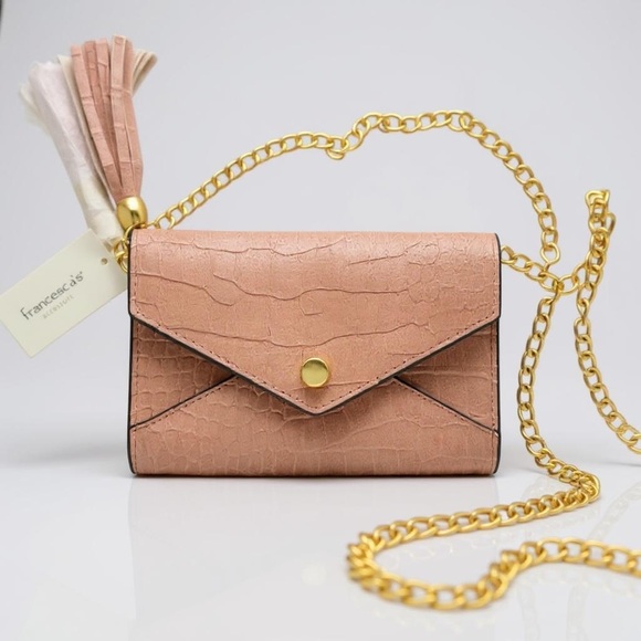 Francescas Crossbody Pink Croc Faux Leather Envelope Clutch Gold Chain Purse NWT - Picture 1 of 10